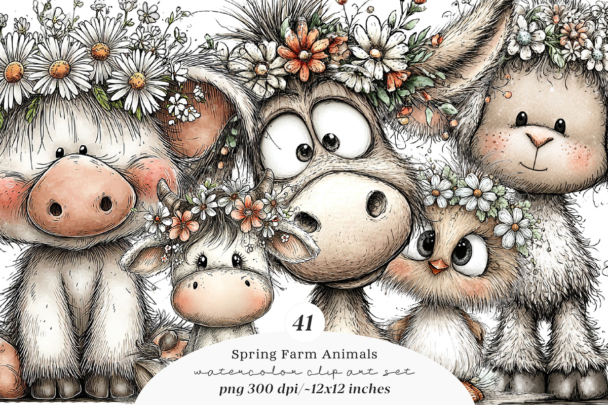 Whimsical spring farm animals clipar, an Illustration by SinaCreation (Photo 1 of 11)