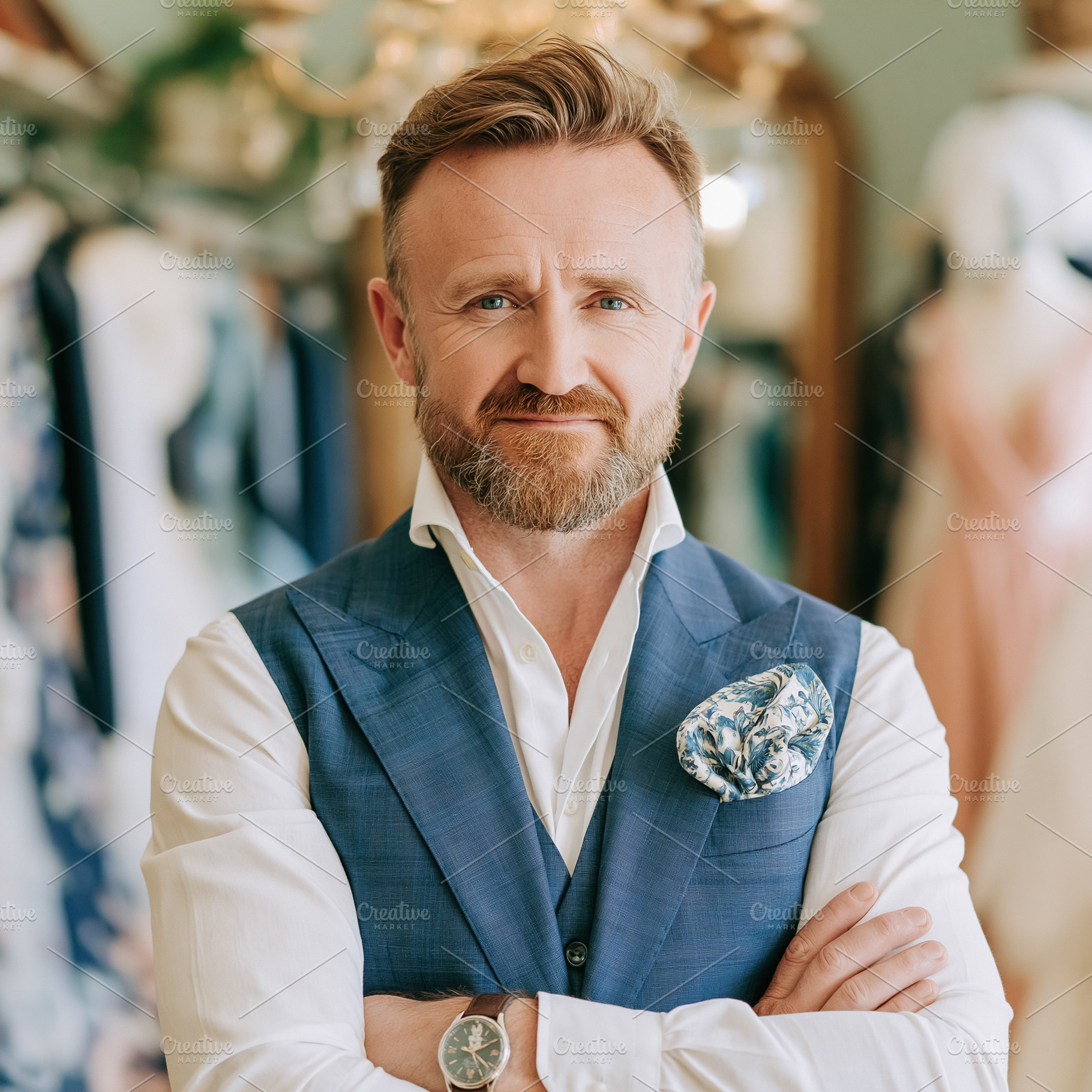 Middle aged man in blue vest and white shirt crossing arms, smil, a Person Photo by Studio ANNA