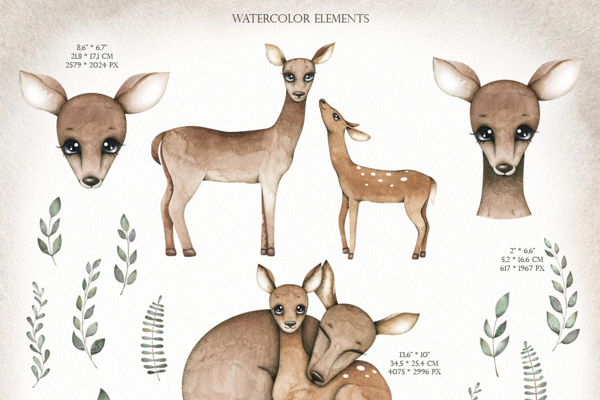 Watercolor deer set, an Animal Illustration by OrangePeafowlArt (Photo 2 of 12)