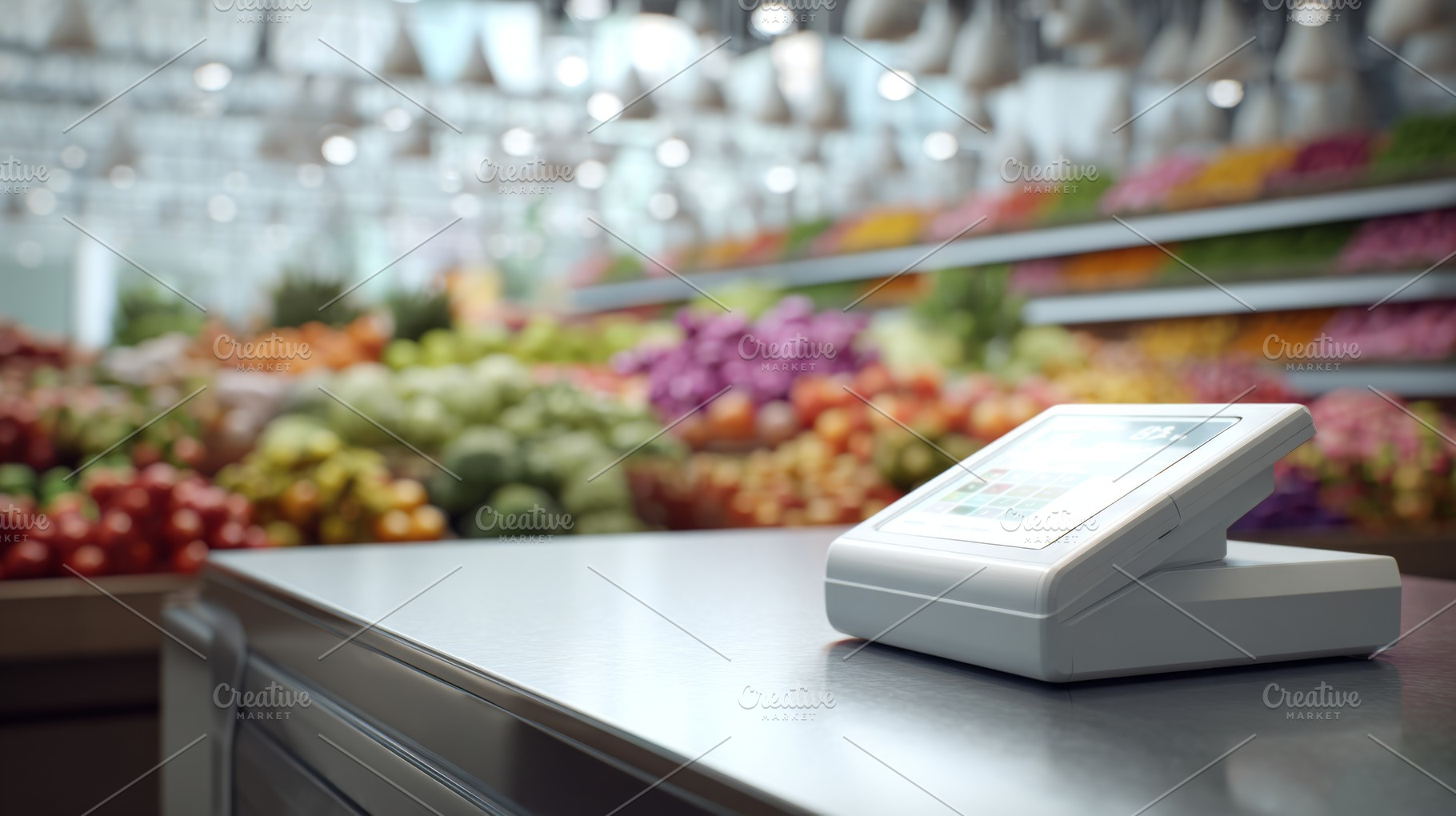 A sleek modern checkout terminal at a grocery store, surrounded by vibrant fres, a Business Photo by ImageMir