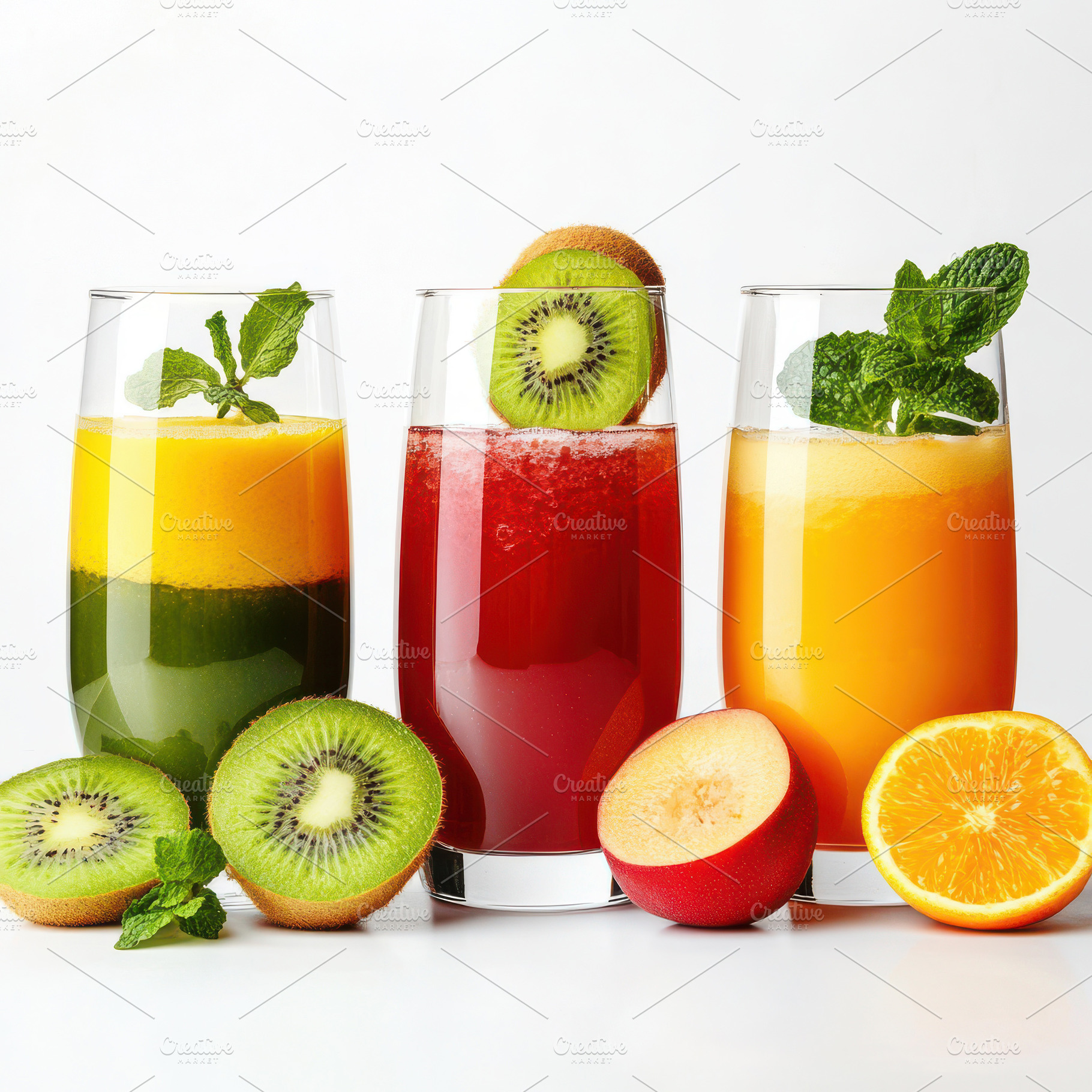 Three layered fruit juices in glasse, a Food & Drink Photo by Pixeness Studio