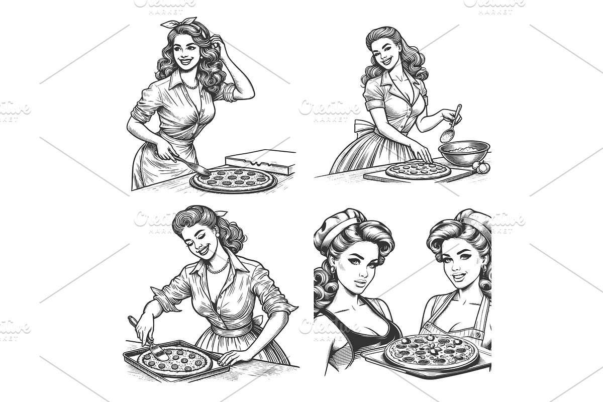 Pin-Up Women Cooking and Serving, a Person Illustration by AlexArt