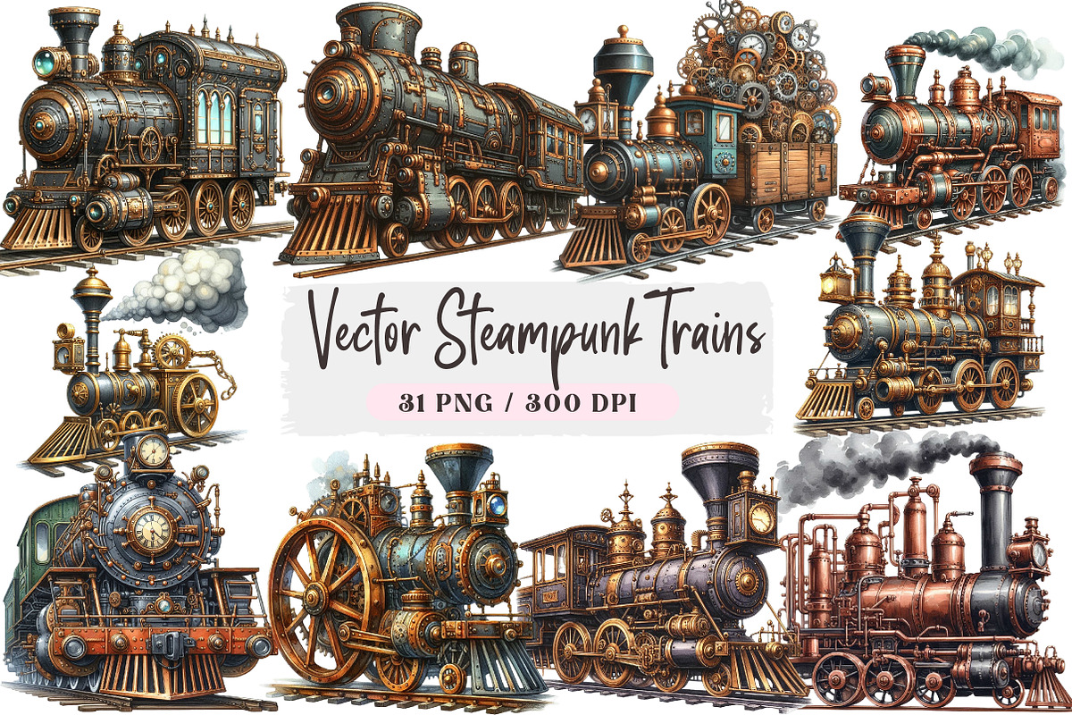 Watercolor Vector Steampunk Trains, a Seasonal Illustration by DreamArtGraphic (Photo 1 of 4)