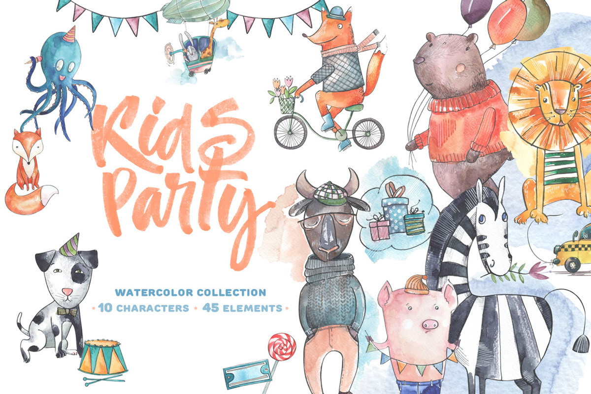 Kids party watercolor collection, an Animal Illustration by soolima (Photo 1 of 6)