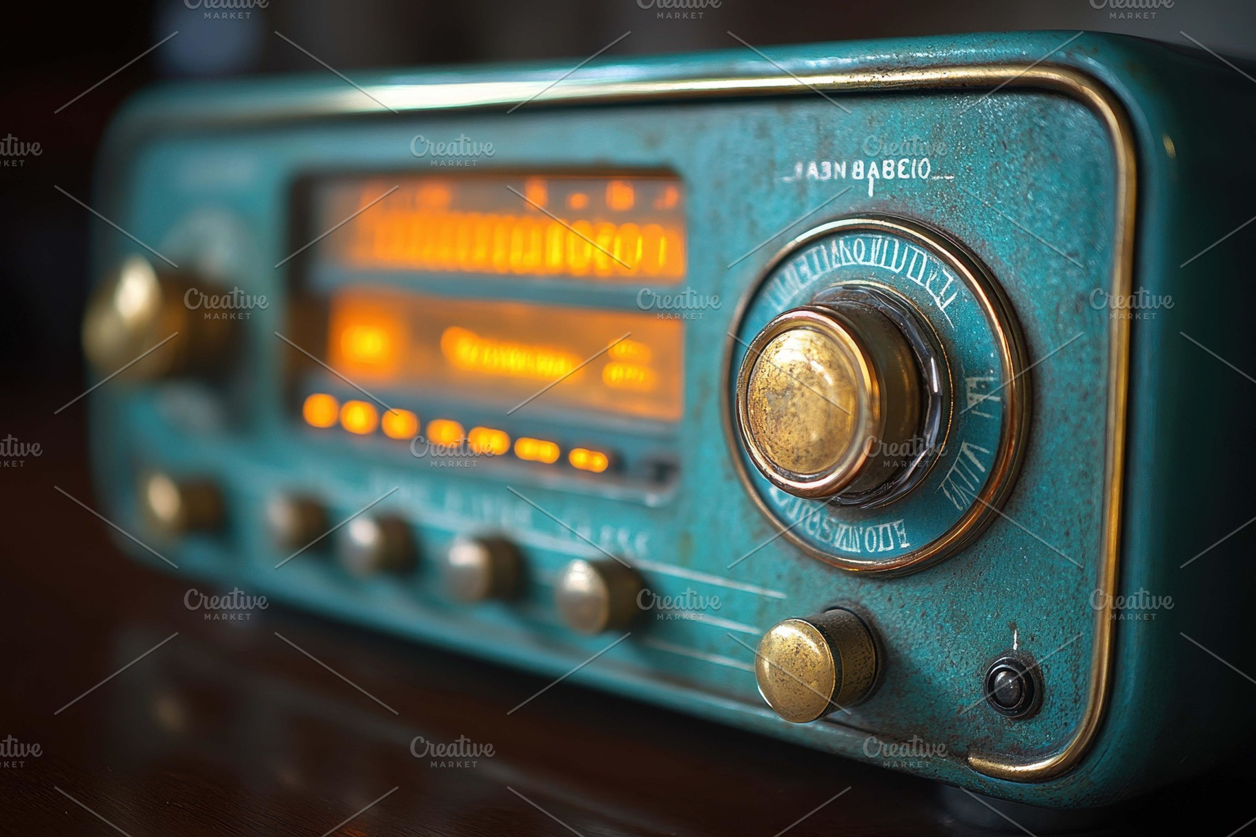 Vintage radio with warm glow sitting, a Photo by Tanuart