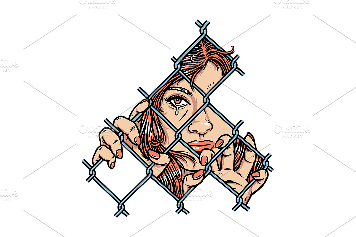 sad face of woman behind metal fence, a Person Illustration by gunaonedesign (Photo 1 of 4)