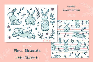 Hand Drawn Rabbits & Floral Elements