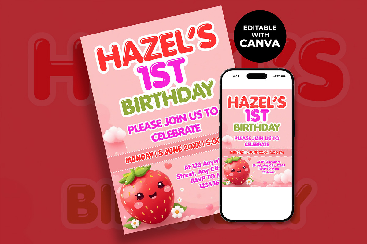 Berry 1st Birthday Invitation, an Invitation Template by M9 Design (Photo 2 of 4)
