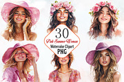 Pink Summer Woman Watercolor Clipart, an Illustration by RobertsArt (Thumbnail 1 of 7)