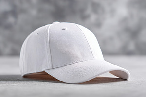 Closeup view of a classic white baseball cap on a textured surface, a Photo by AlyaAnd