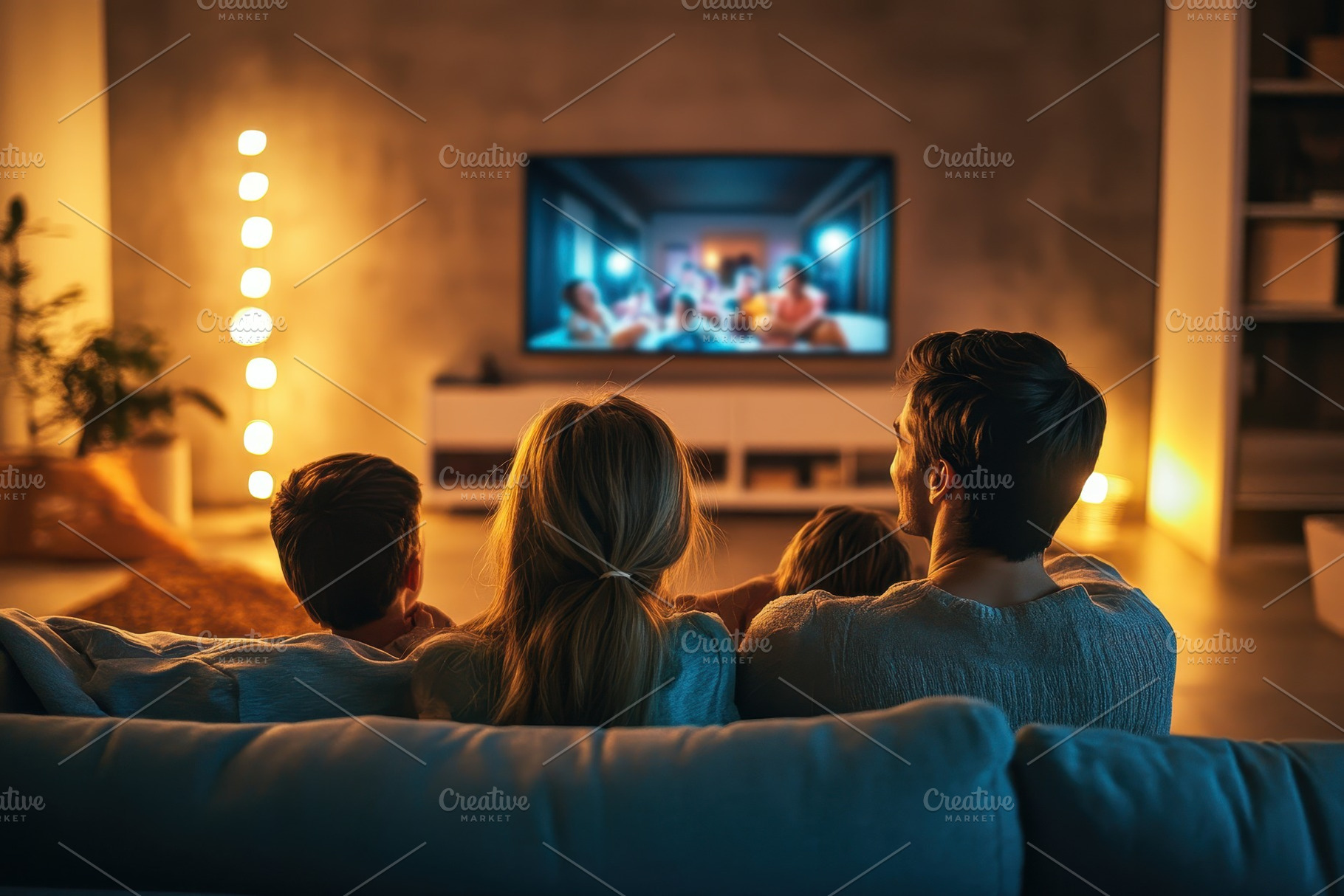 Family watching television at home, a Photo by Pavel_design