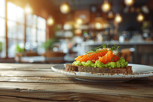 Toast bread with salted salmon and guacamole avocado on wooden table on blurred, a Food & Drink Photo by AlyaAnd