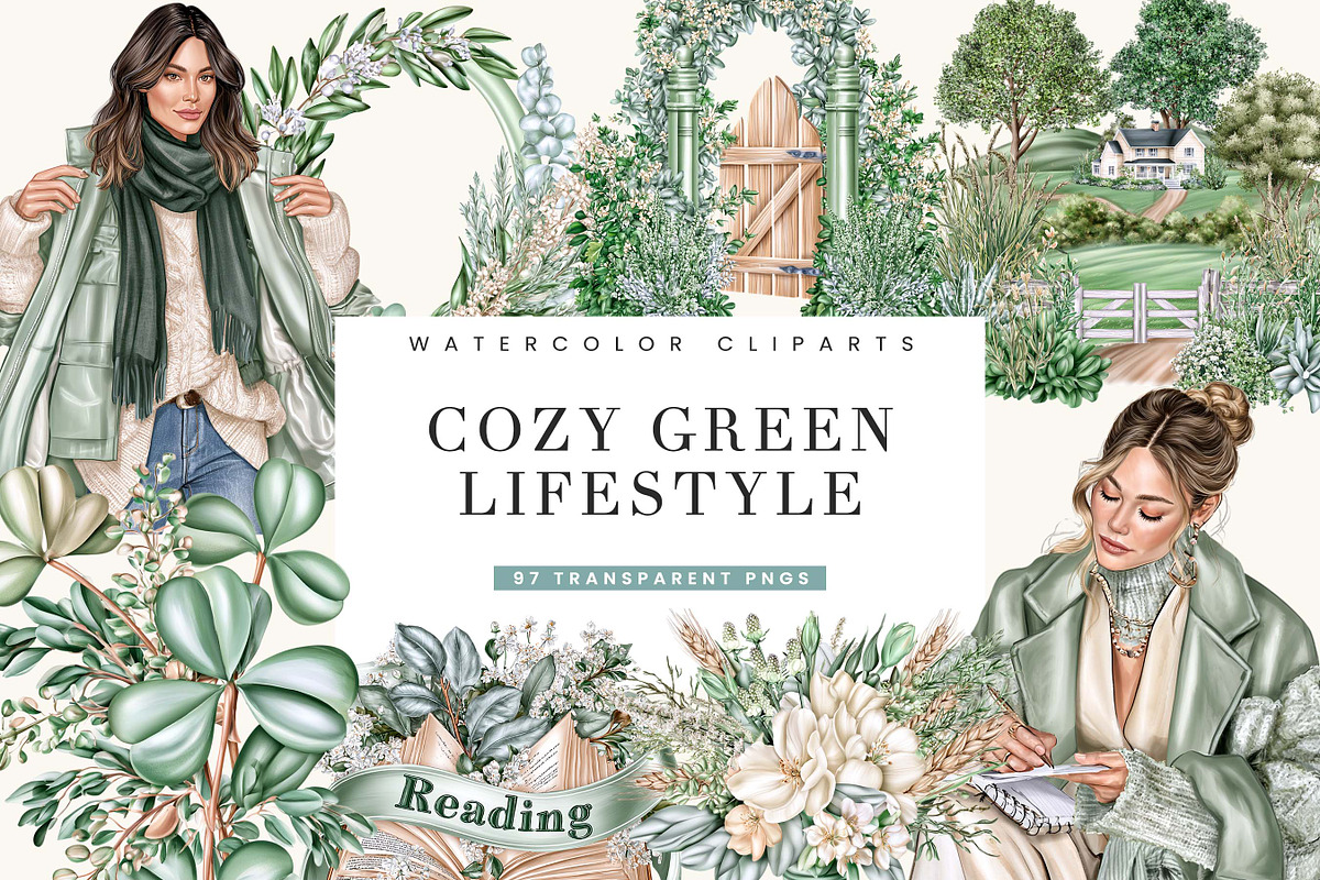 Watercolor Cozy Green Lifestyle, an Object Illustration by BusyDaydesign (Photo 1 of 9)