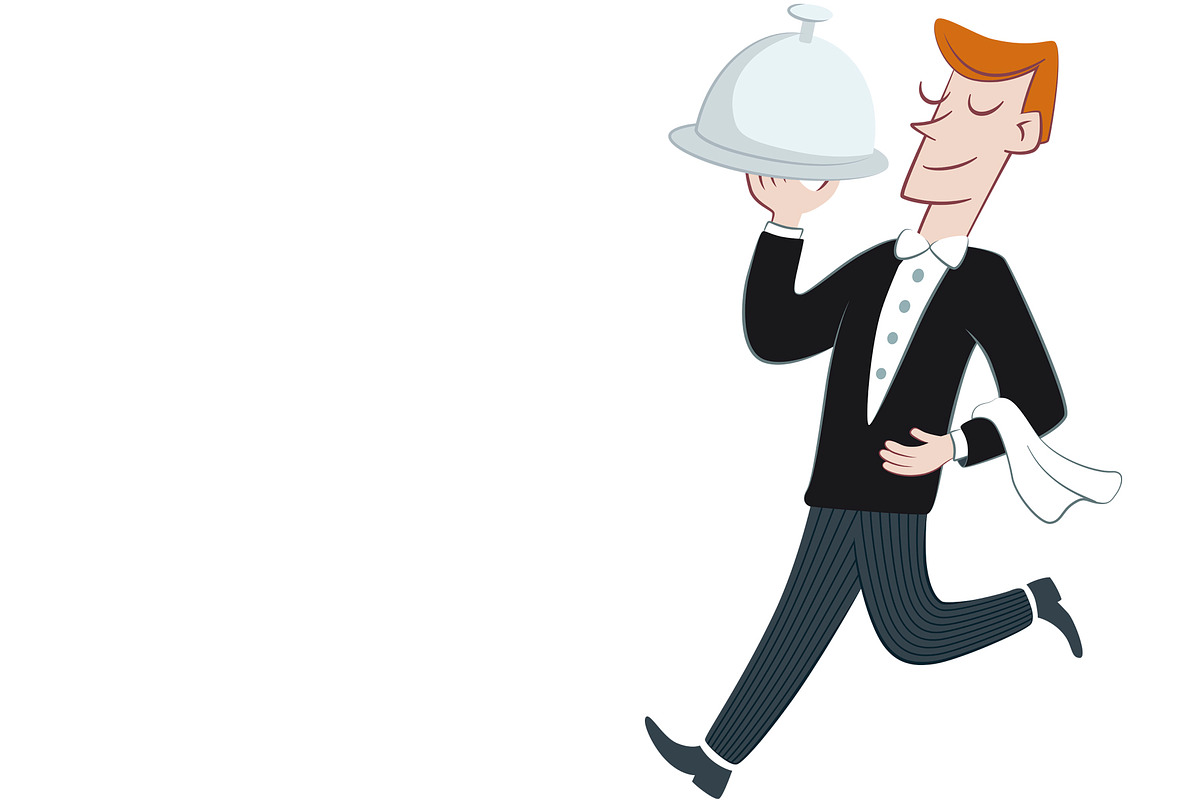 Waiter carrying tray in restaurant, a Work Illustration by javi.ruiz