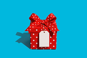 a red gift box with a tag, generative AI, a Photo by Nito