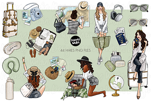 Neutral Travel Girls Clipart Set Png