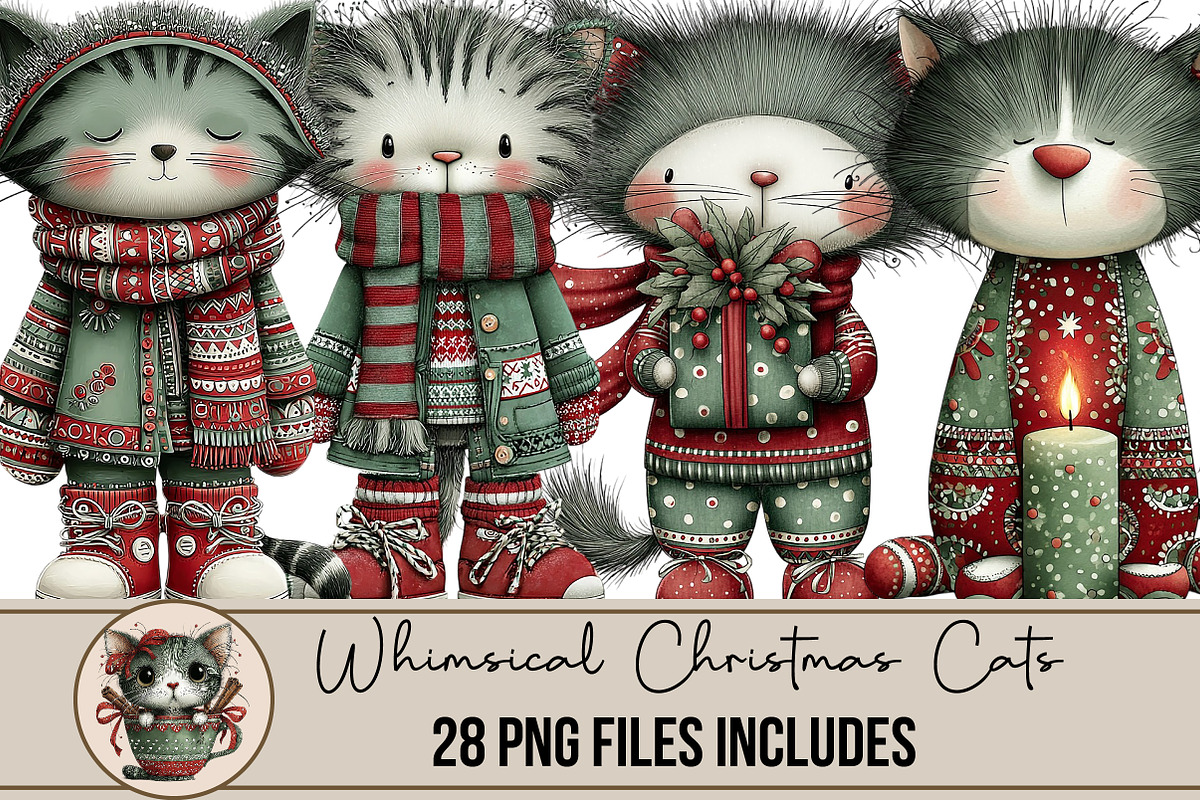 Whimsical Christmas Cats Clipart, an Illustration by DreamArtGraphic (Photo 1 of 4)