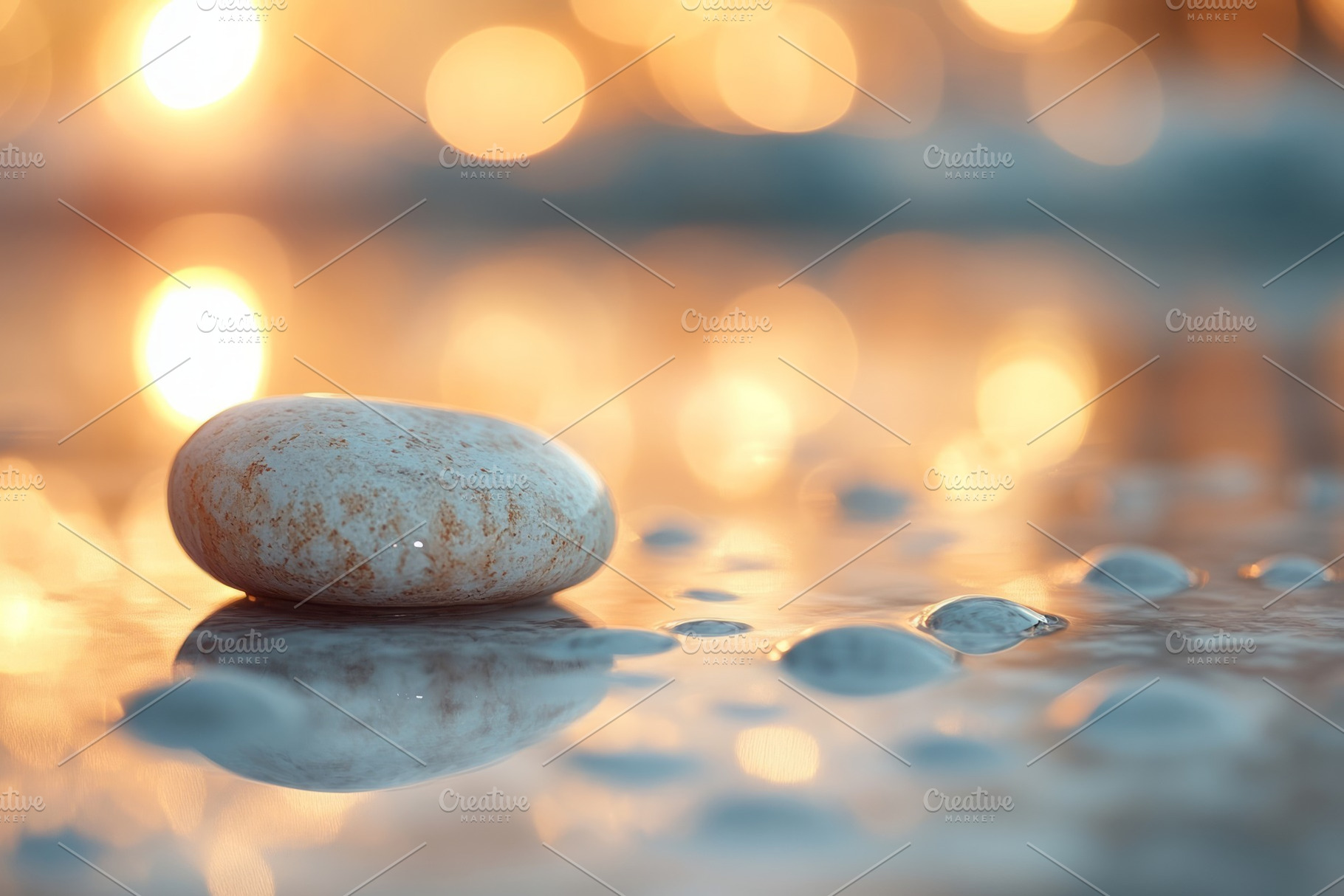 A smooth, pale stone resting on a reflective surface, capturing the warm glow o, a Background Photo by ImageMir