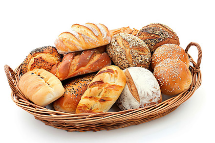 Freshly different baked bread in basket isolated on white background, a Food & Drink Photo by AlyaAnd