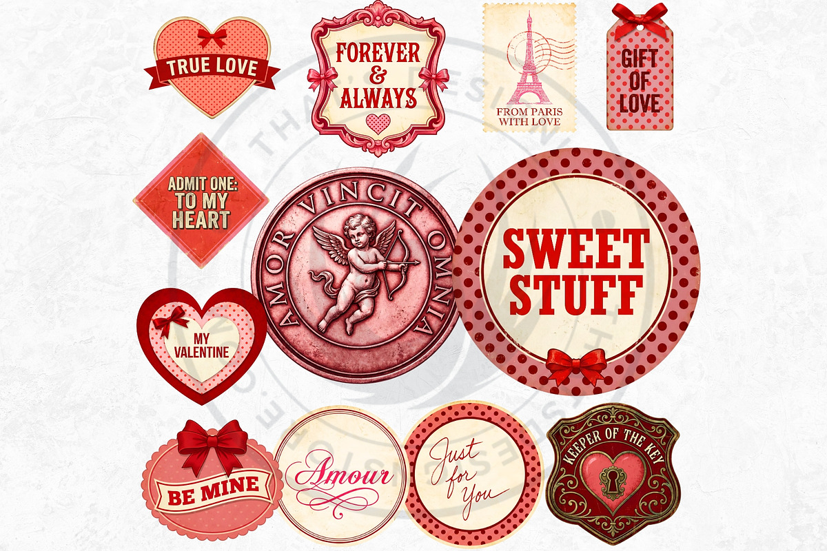 Vintage Valentines Day Labels PNG, a Seasonal Illustration by ThatsDesignArt (Photo 5 of 9)