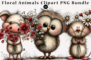 Floral Animals Clipart PNG Bundle, a Seasonal Illustration by CreationArt