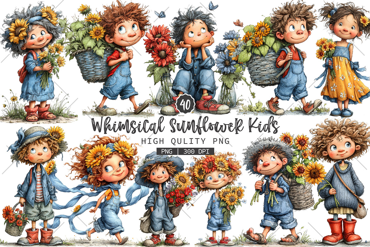 Whimsical Sunflower Kids PNG Clipart, a Seasonal Illustration by OK Design (Photo 1 of 6)