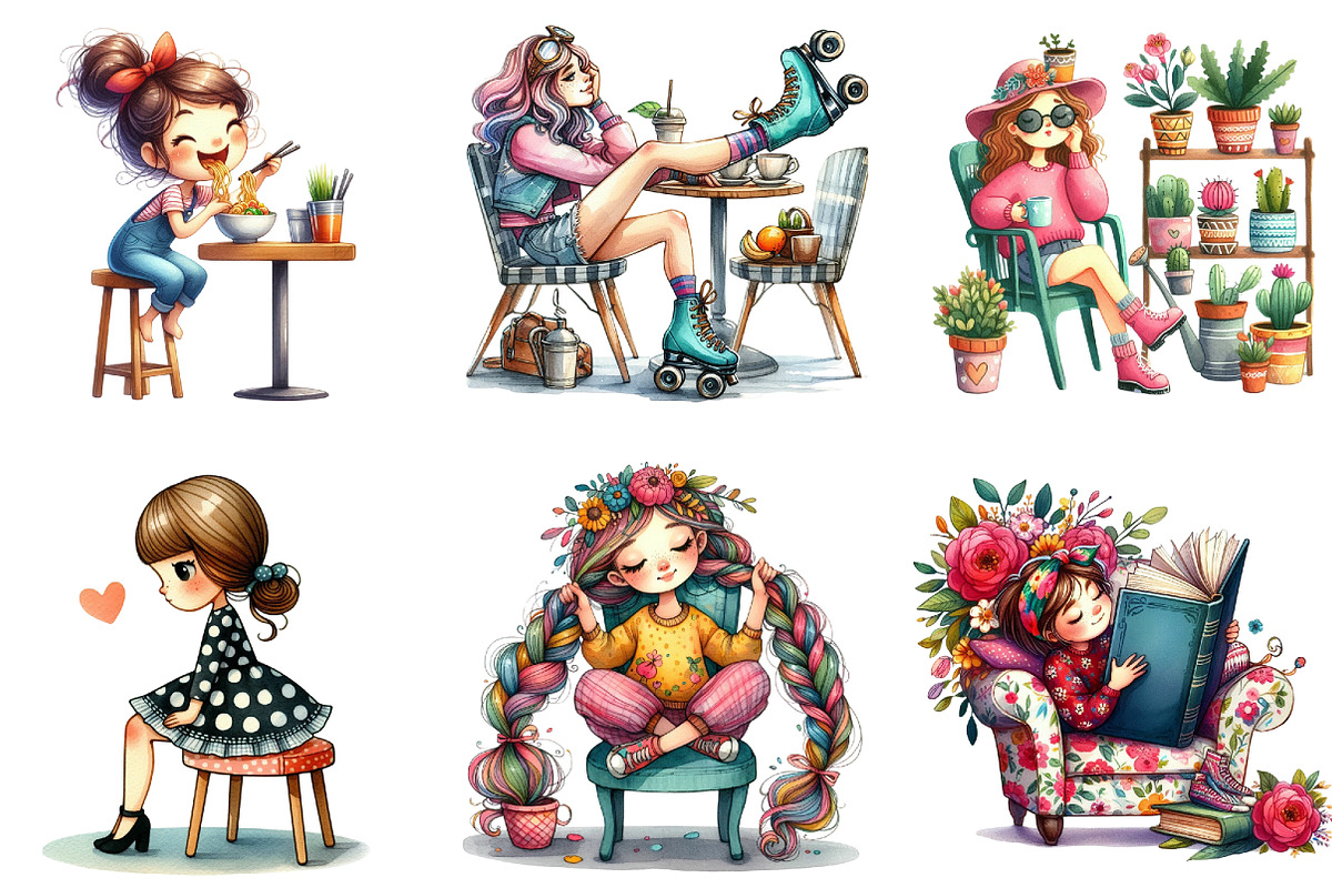 Quirky Girl with Chair Clipart, a Seasonal Illustration by DreamArtGraphic (Photo 2 of 4)