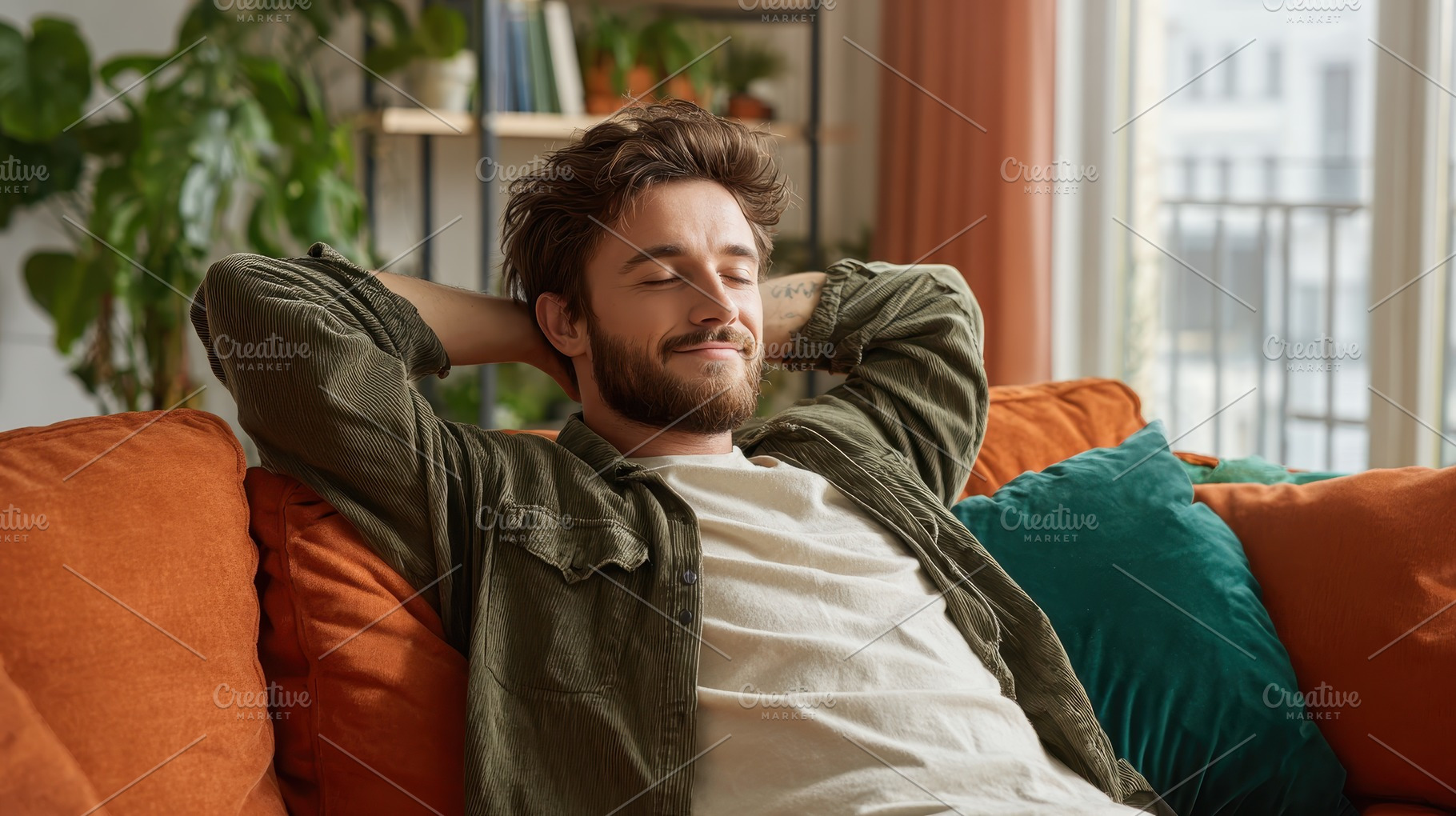 Relaxed man on orange couch green pi, a Photo by Pixeness Studio
