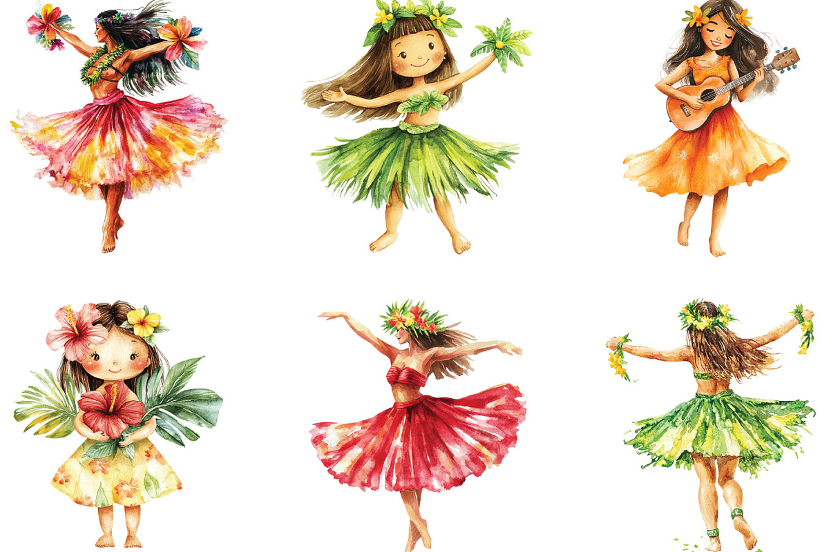Hawaiian Hula Girls Watercolor Clipa, an Illustration by CraftArtStudio (Photo 3 of 6)