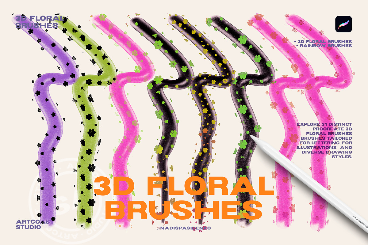 Procreate 3D Floral Brushes, a Brush Add-On by Spasibenko Art