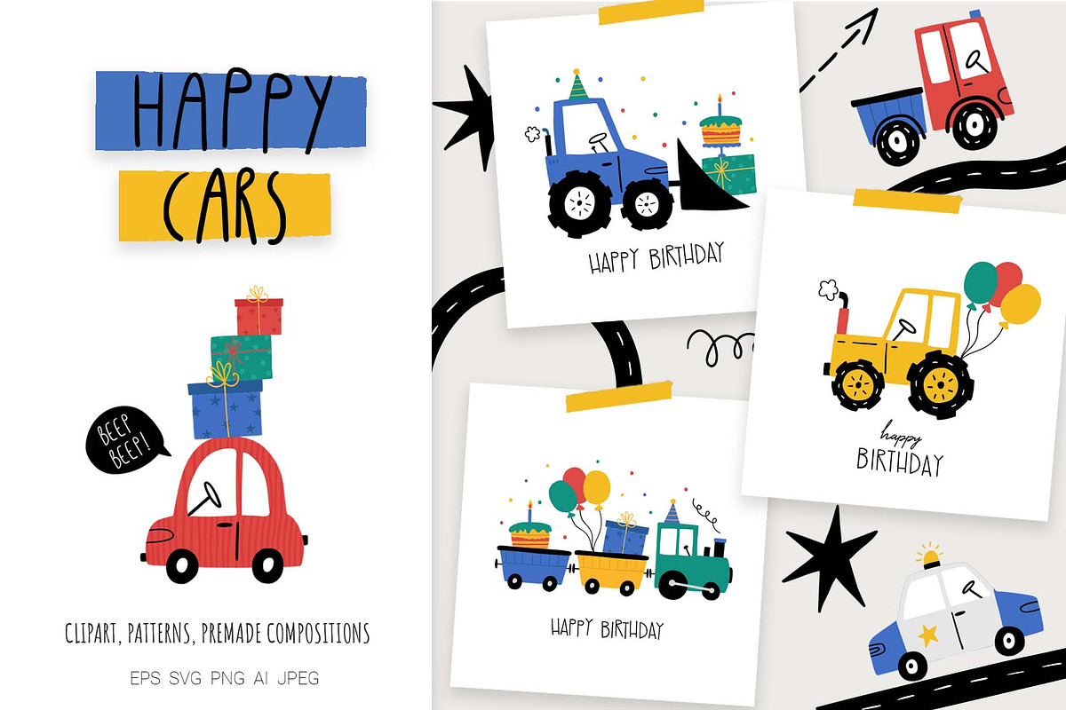 Happy Cars – Kids Clipart Set, a Transportation Illustration by Irina Ostapenko (Photo 1 of 11)