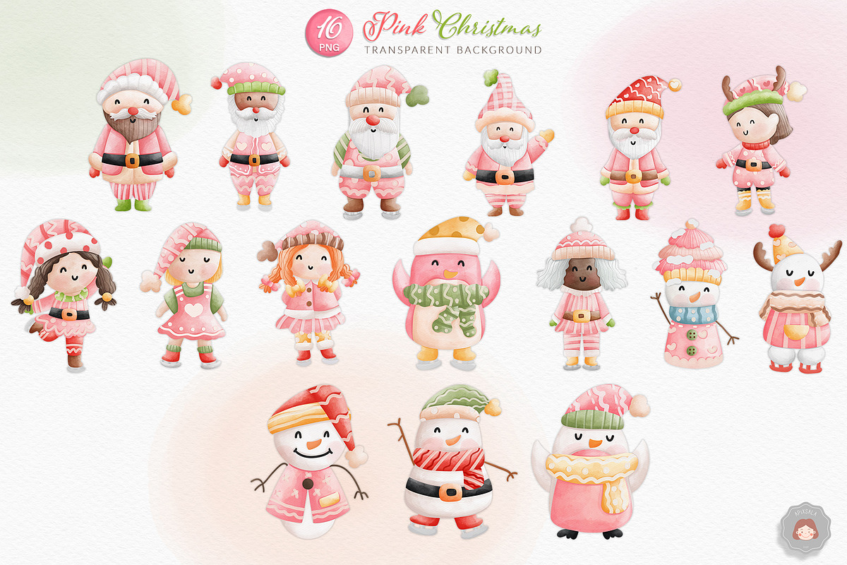 Charming Pink Christmas Watercolor, a Seasonal Illustration by Apixsala (Photo 2 of 5)