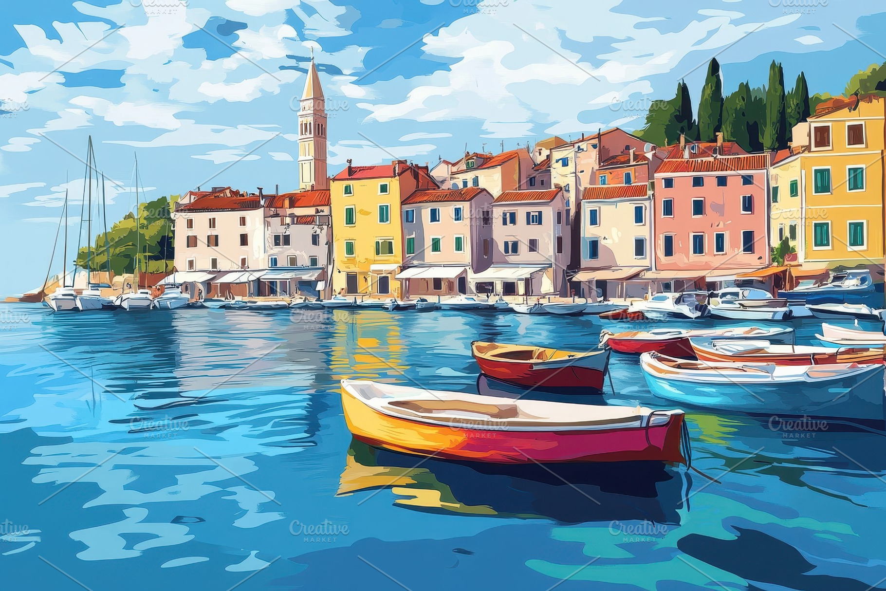 Brightly colored boats are anchored, a Photo by Tanuart
