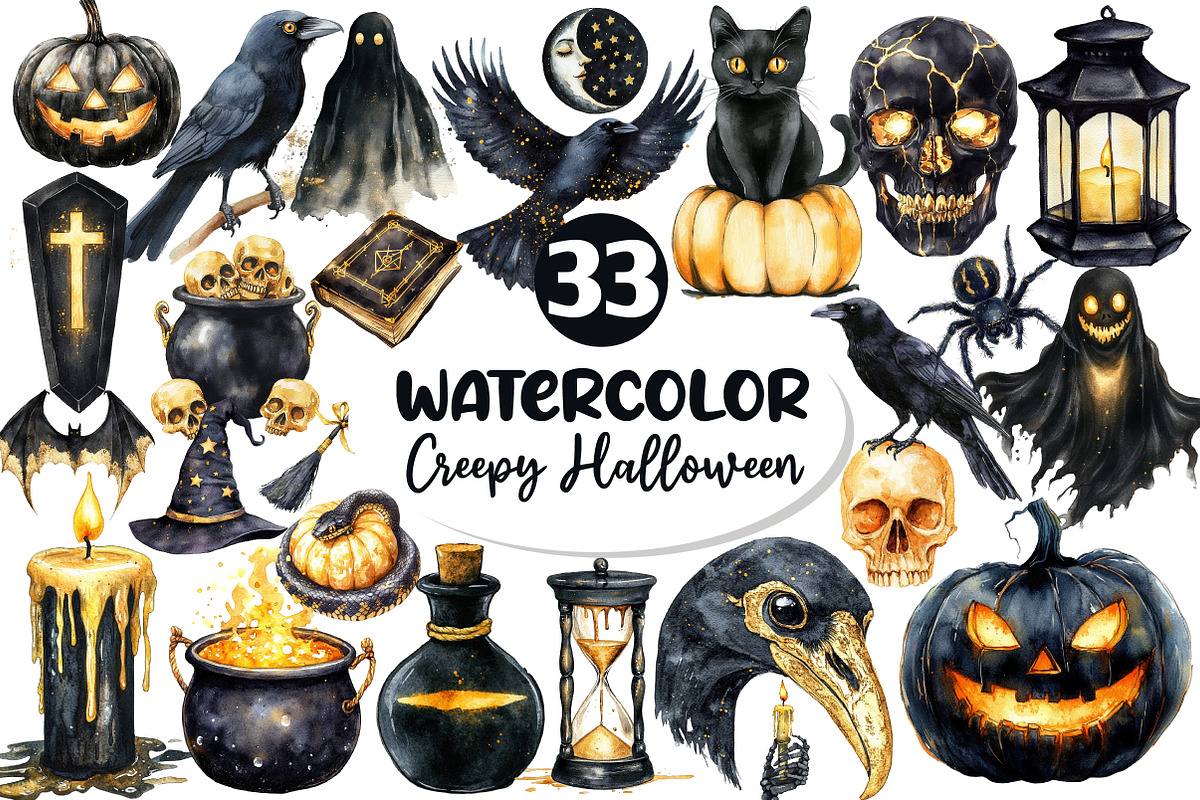 Vintage Creepy Halloween Clipart, an Illustration by Dream Creation (Photo 1 of 7)
