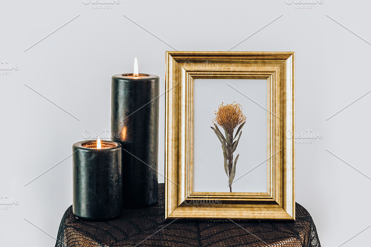 Golden frame mockup by black candles, a Print Template by rawpixel