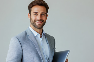 Smiling businessman holding laptop c, an Arts & Entertainment Photo by Pixeness Studio