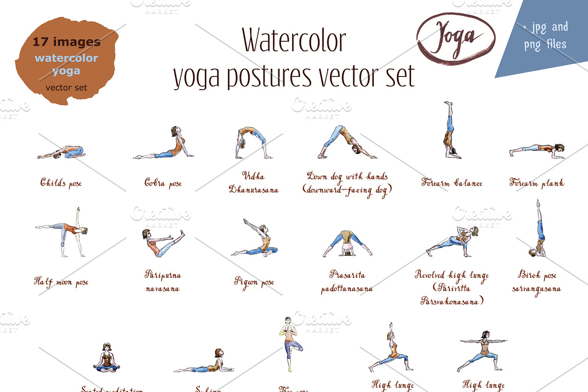 Watercolor yoga postures vector set, a Healthcare Illustration by miminoshka (Photo 2 of 7)