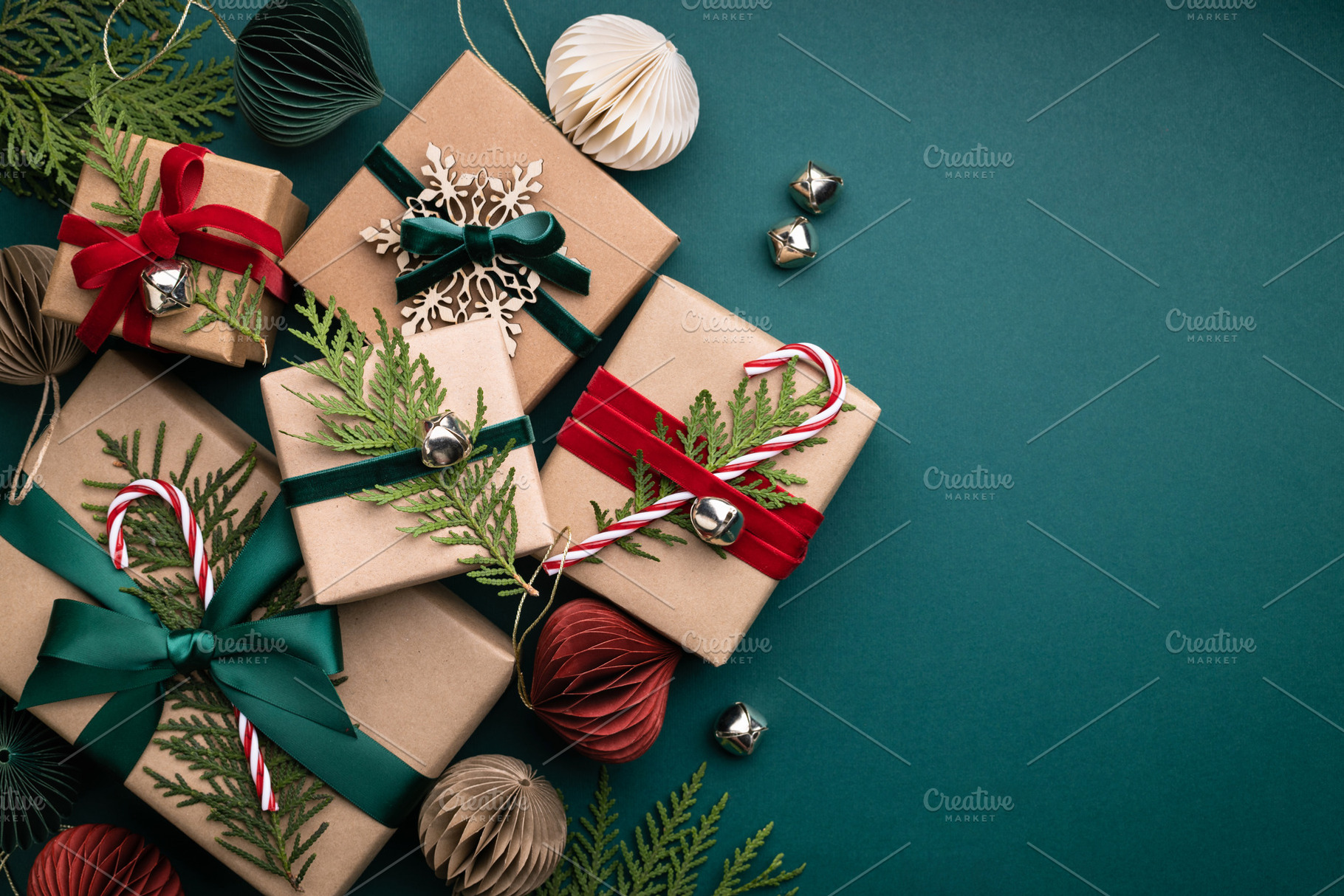 Christmas gift boxes on turquoise ba, a Holiday Photo by Olga_Z