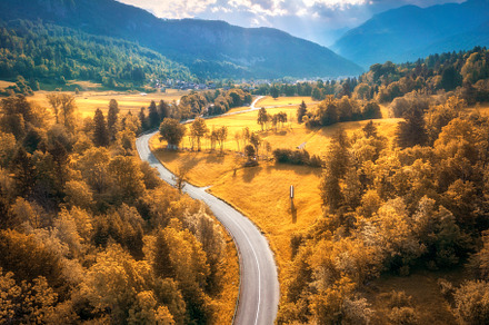 Aerial view of road in alpine meadows at sunset in autumn, a Nature Photo by den-belitsky