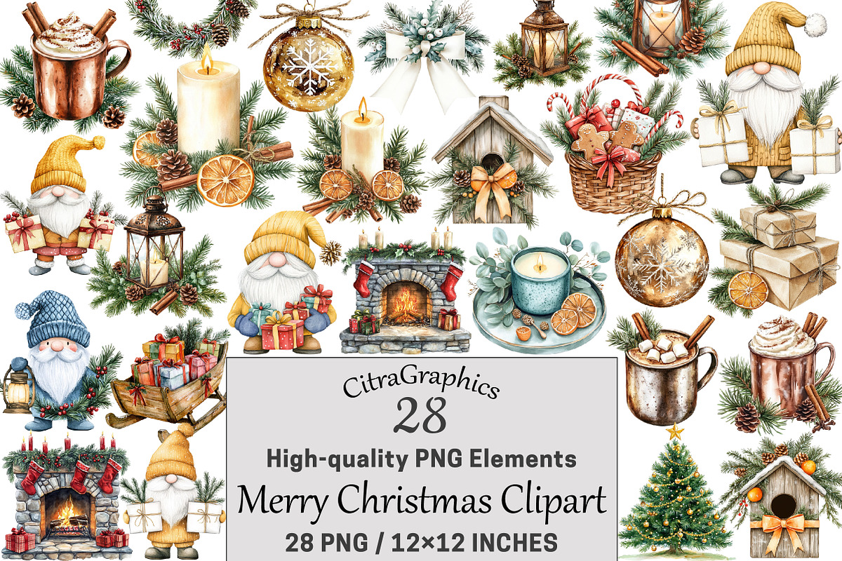 Merry Christmas Watercolor Clipart, a Seasonal Illustration by CitraGraphics (Photo 1 of 6)