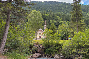 Mountain church by river in forest at Les Contamines-Montjoie, F, a Nature Photo by GoodGoods