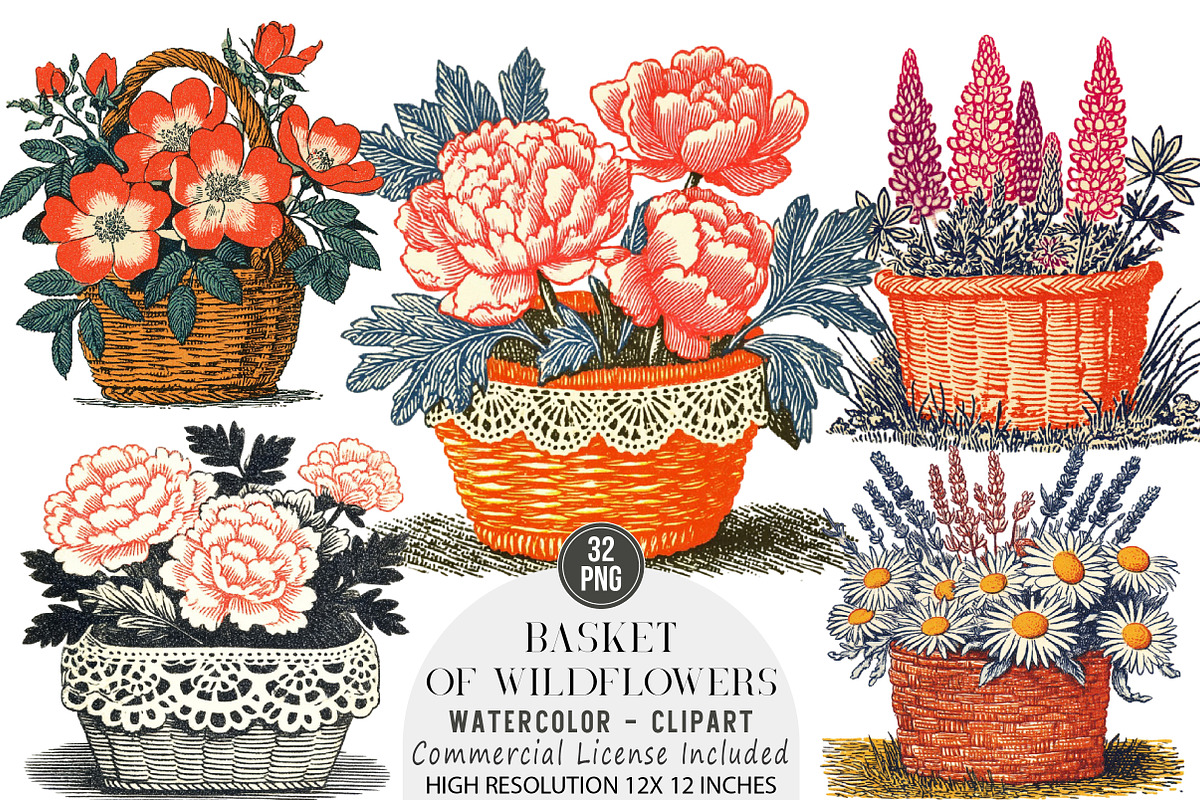 Basket of Wildflowers Clipart Bundle, an Illustration by DreamArtGraphic (Photo 1 of 5)