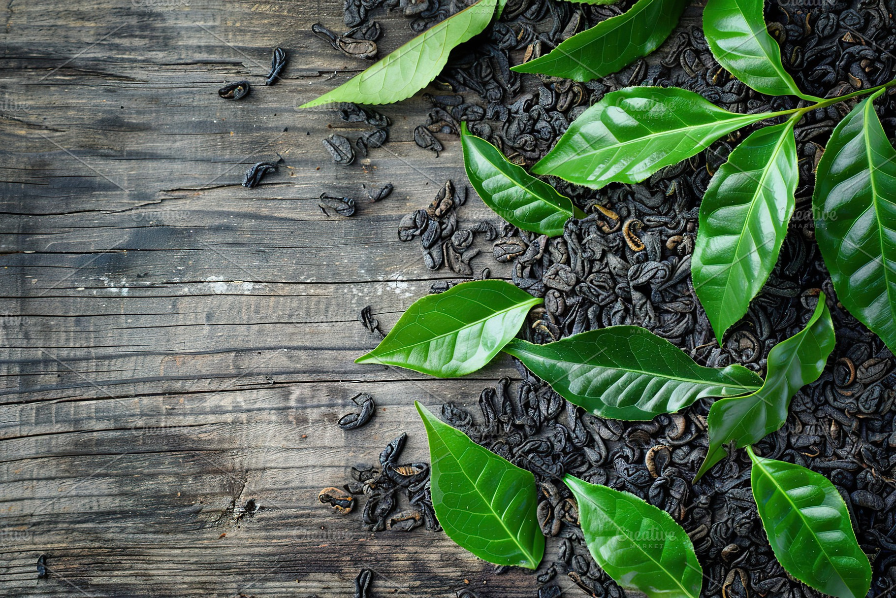 Dry tea leaves with fresh green tea leafs and copyspace on wooden background, a Food & Drink Photo by AlyaAnd