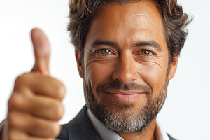 Smiling Caucasian man in a suit giving a thumbs-up gesture against a neutral ba, a Person Photo by ImageMir