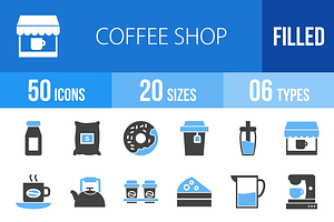 50 Coffee Shop Blue & Black Icons