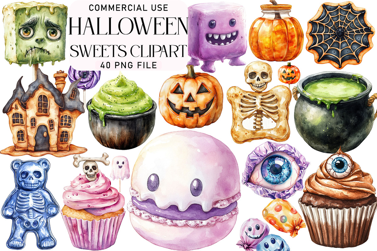Watercolor Halloween Sweets Clipart, an Illustration by Daily.Designs (Photo 1 of 3)