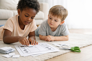 Children working on cognitive educat, a Photo by Dvoevnore photos