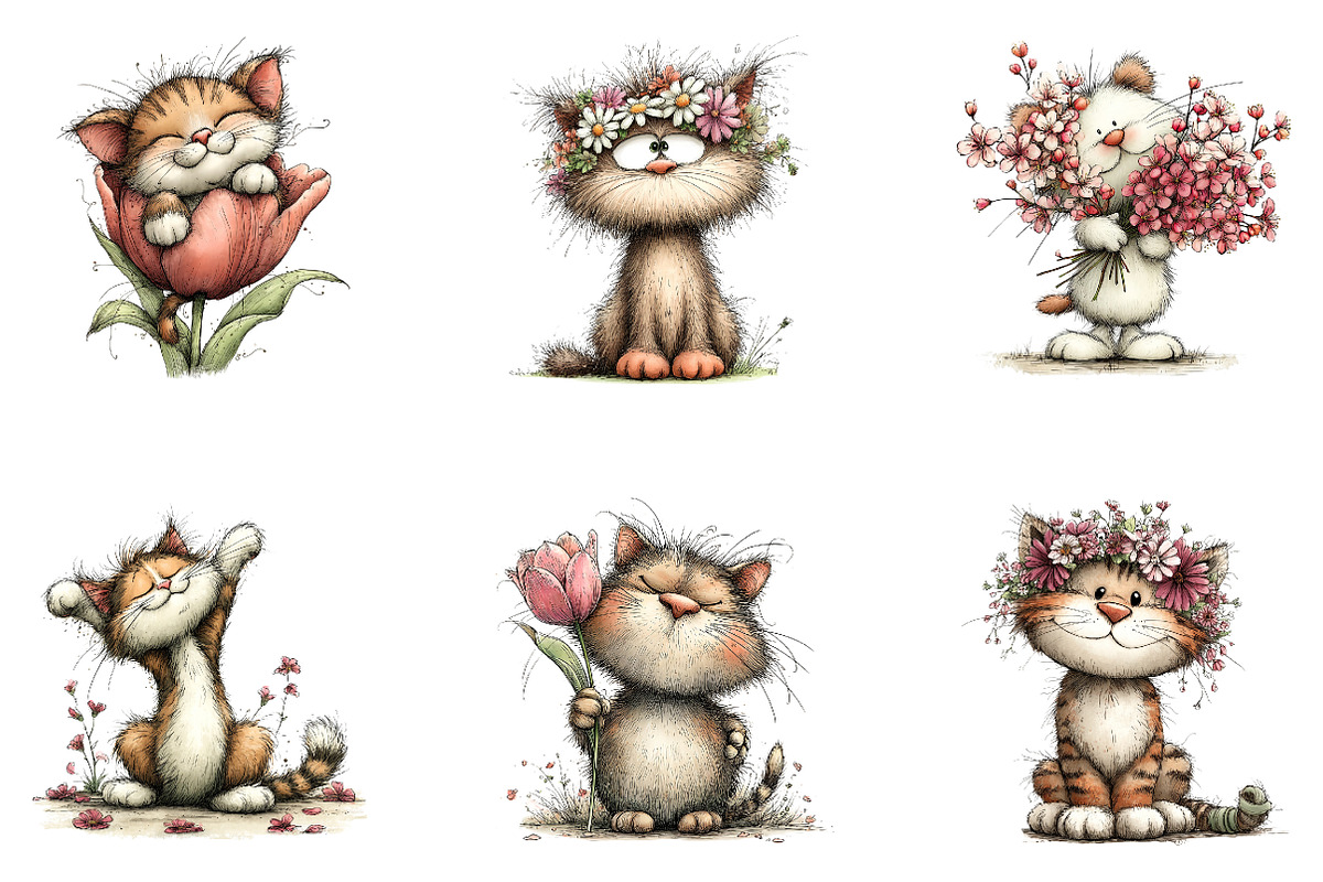 Whimsical cat pring floral clipart, an Illustration by CreationArt (Photo 2 of 7)