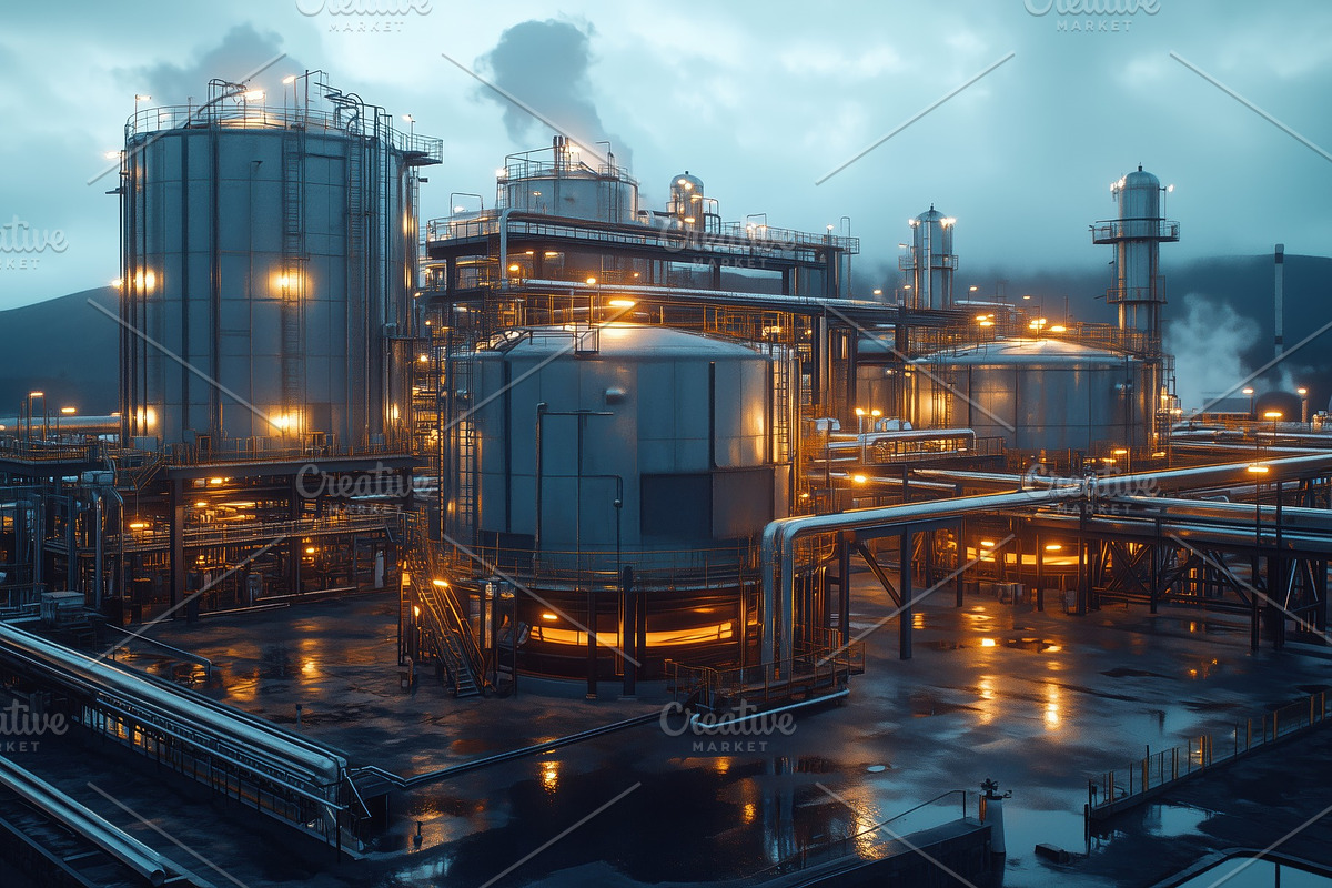 A large industrial complex featuring multiple storage tanks and pipes, illumina, an Industrial Photo by Textures & Backgrounds (Photo 1 of 2)