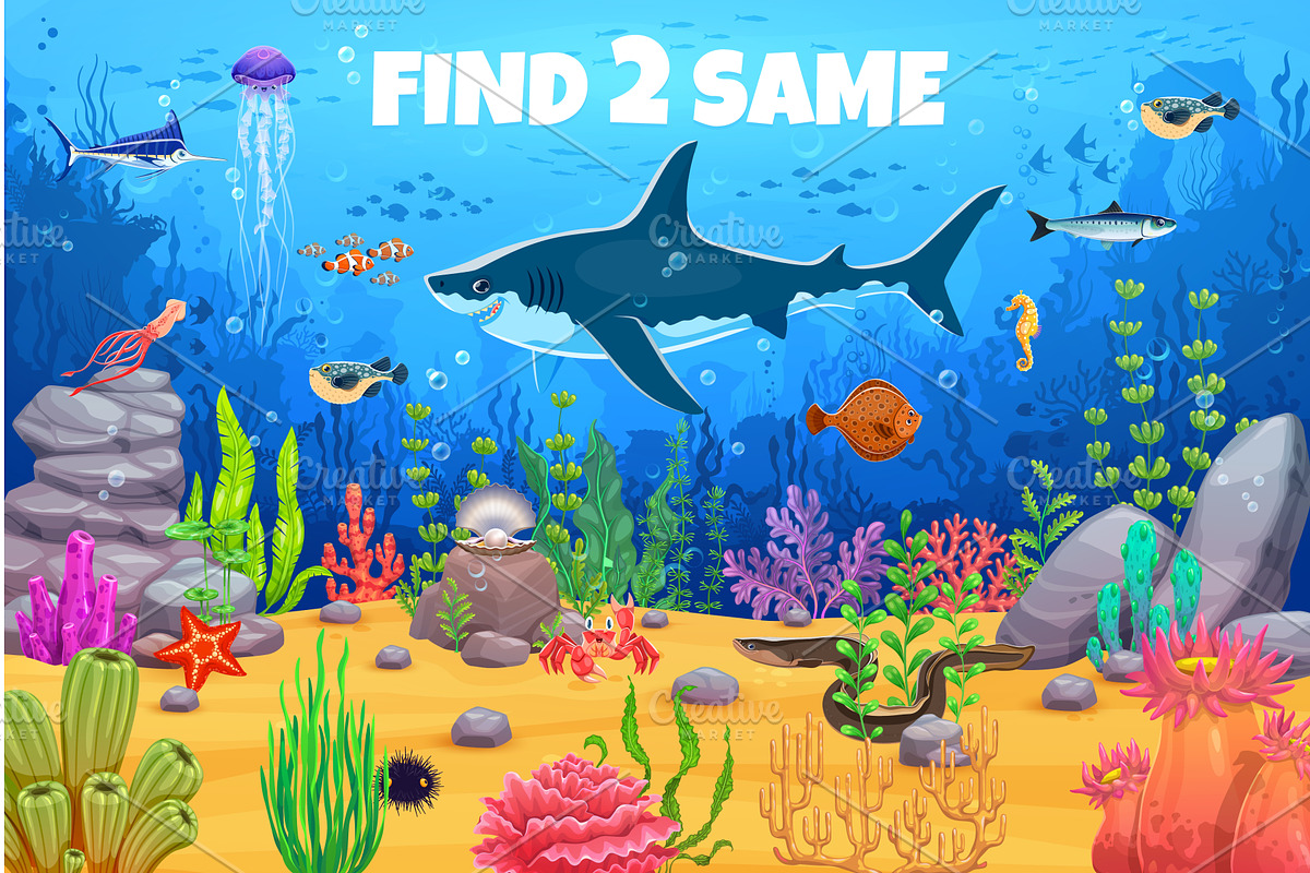 Kids game find two same fish, an Animal Illustration by Vector Tradition
